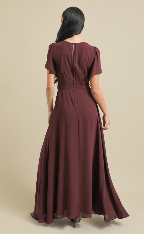 Chiffon Flutter Slv Gown Dark Plum