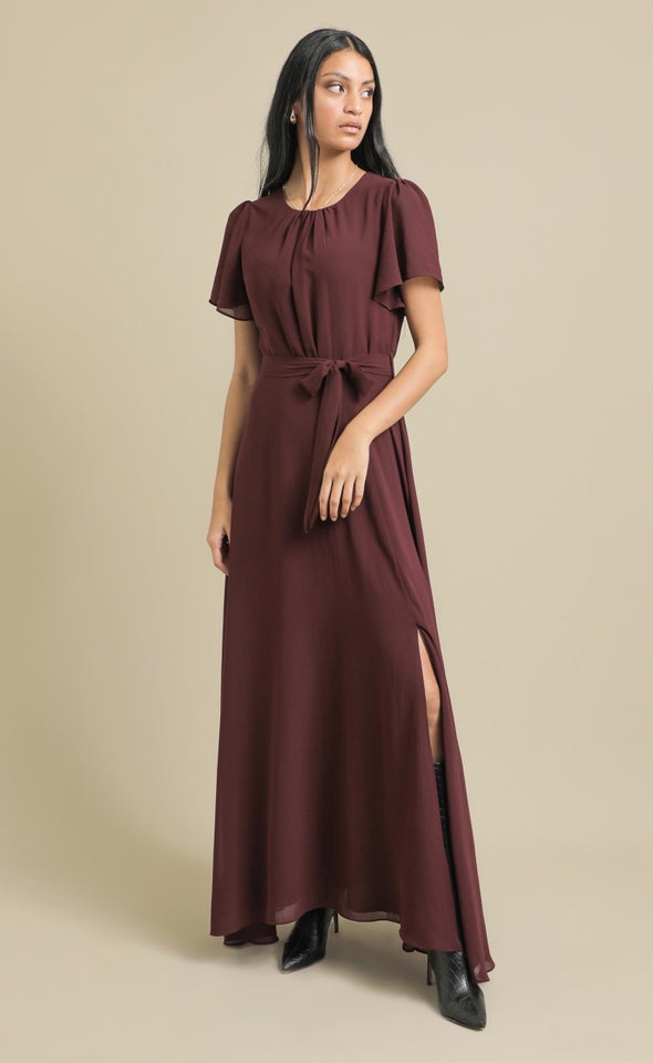 Chiffon Flutter Slv Gown Dark Plum