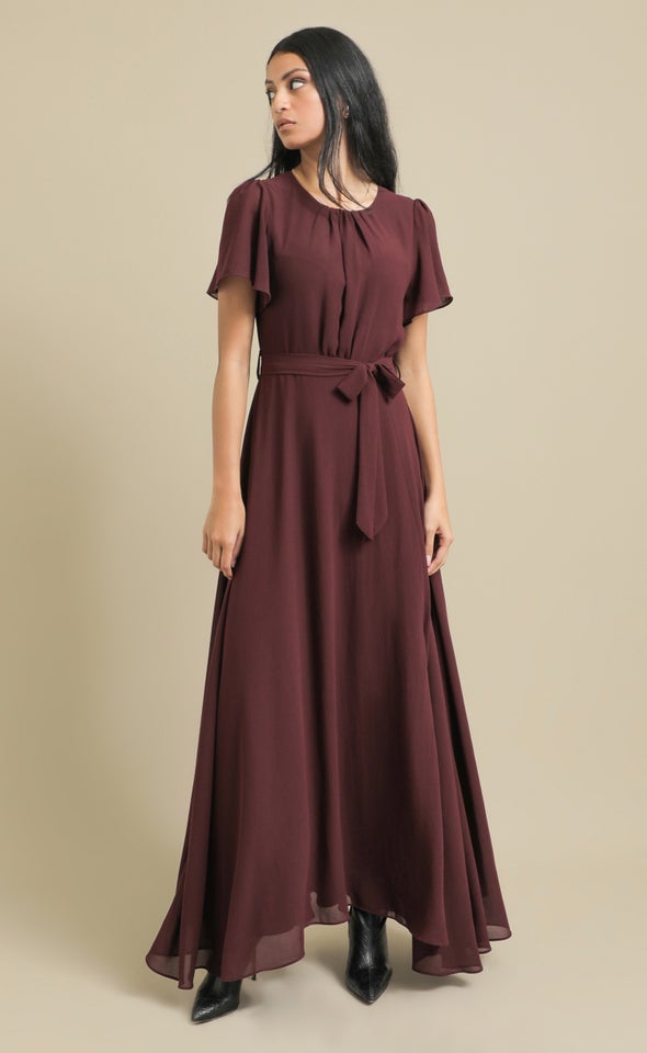Chiffon Flutter Slv Gown Dark Plum