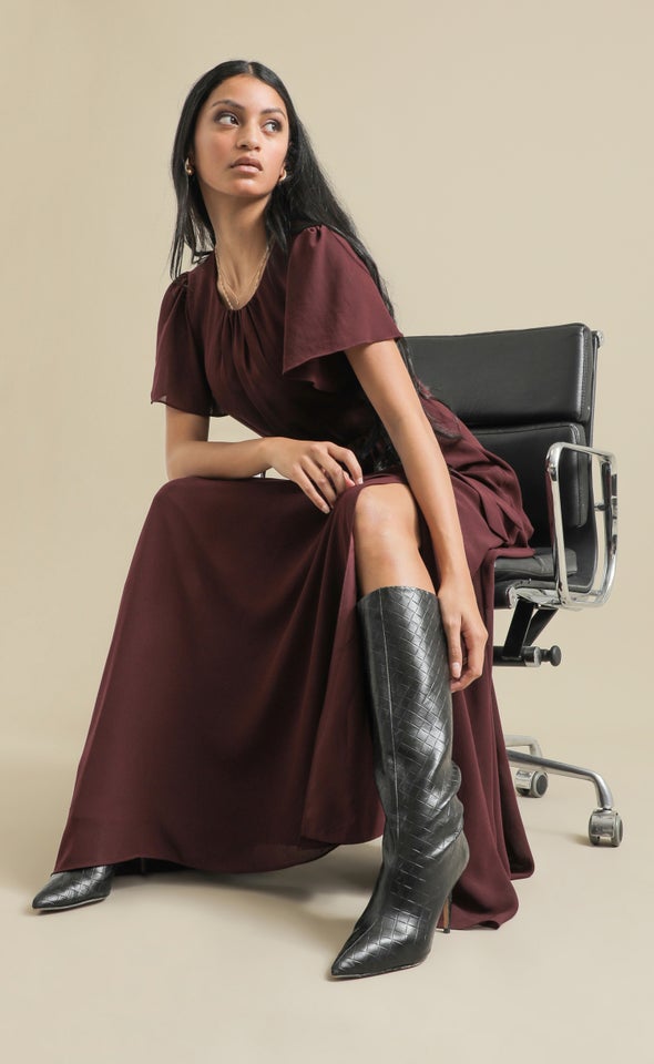 Chiffon Flutter Slv Gown Dark Plum