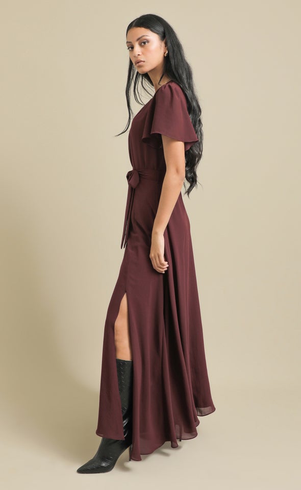 Chiffon Flutter Slv Gown Dark Plum