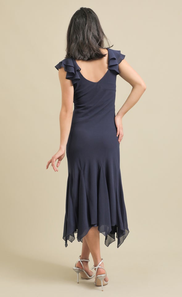 Chiffon Flutter Slv Midi Dress Ink