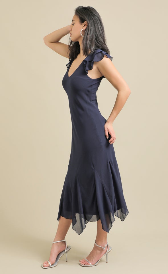 Chiffon Flutter Slv Midi Dress Ink