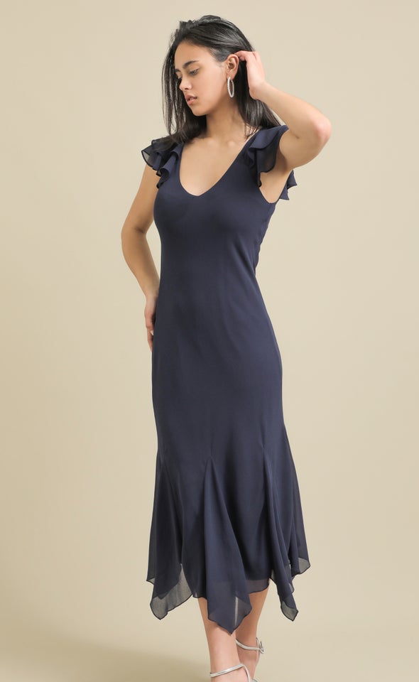 Chiffon Flutter Slv Midi Dress Ink