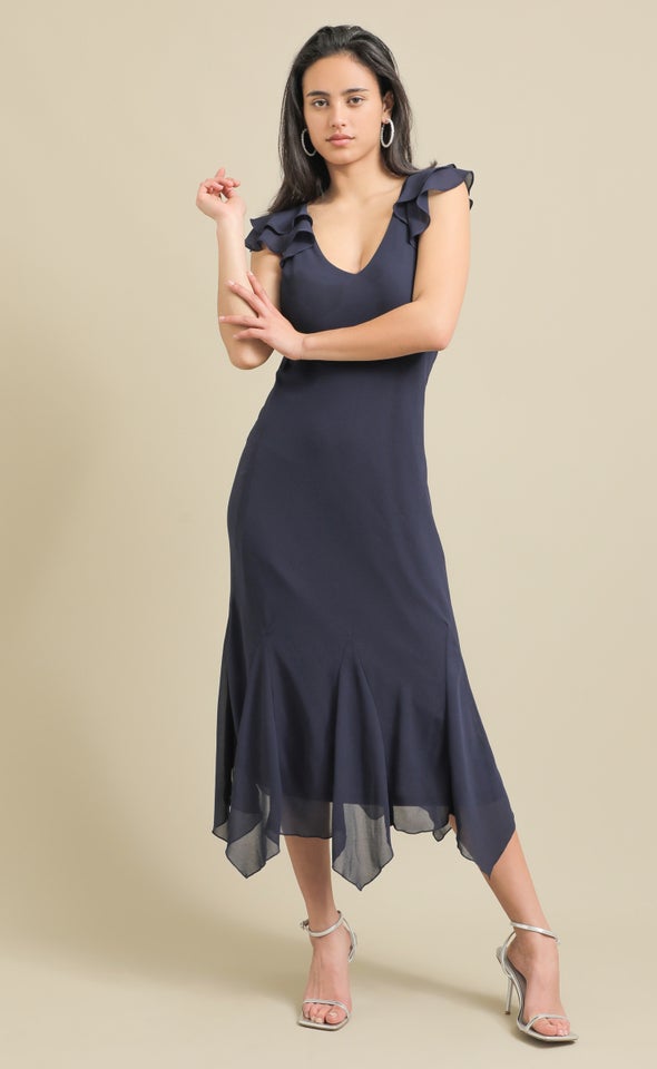 Chiffon Flutter Slv Midi Dress Ink