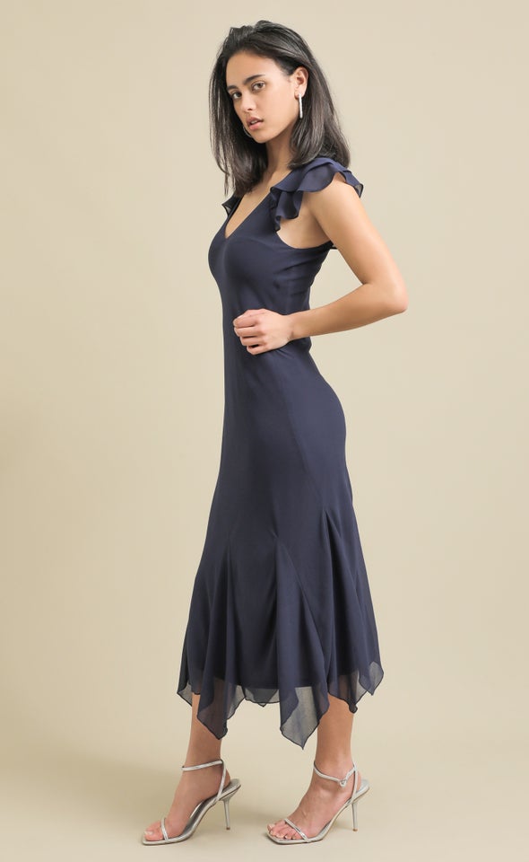 Chiffon Flutter Slv Midi Dress Ink