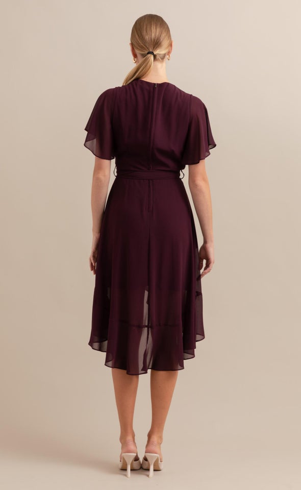 Chiffon Flutter Wrap Midi Dress Aubergine