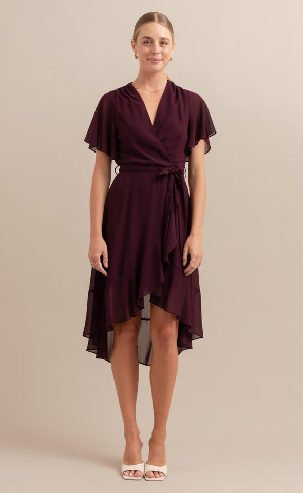 Chiffon Flutter Wrap Midi Dress Aubergine