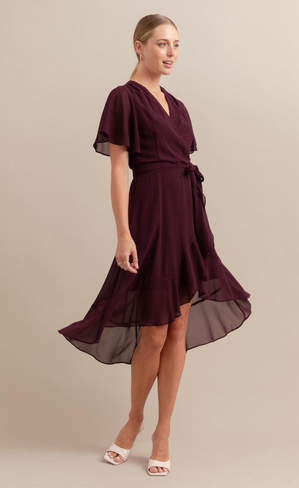 Chiffon Flutter Wrap Midi Dress Aubergine