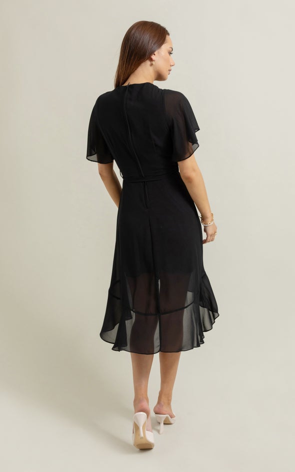 Chiffon Flutter Wrap Midi Dress Black