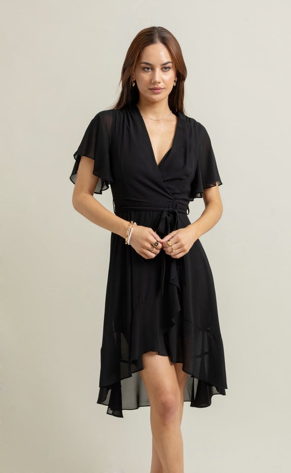 Chiffon Flutter Wrap Midi Dress Black