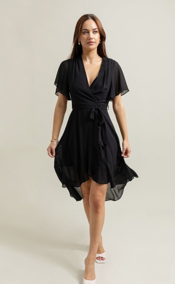 Chiffon Flutter Wrap Midi Dress Black