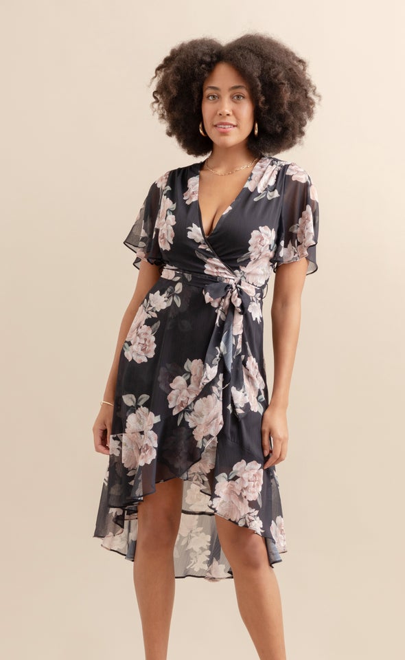 Chiffon Flutter Wrap Midi Dress Black/blush