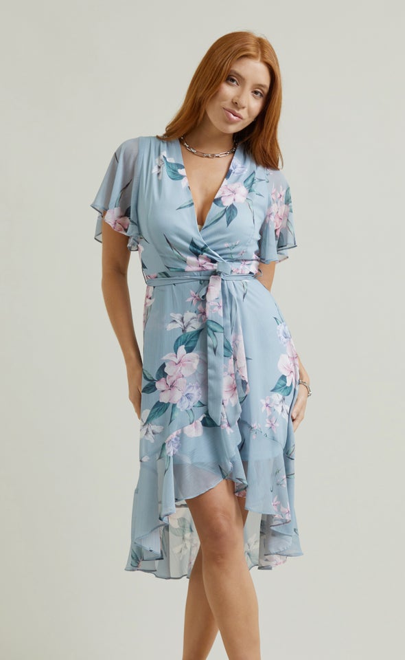 Chiffon Flutter Wrap Midi Dress Pagani