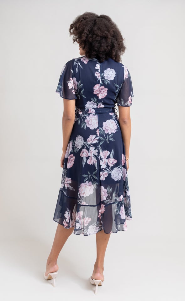 Chiffon Flutter Wrap Midi Dress Navy/floral