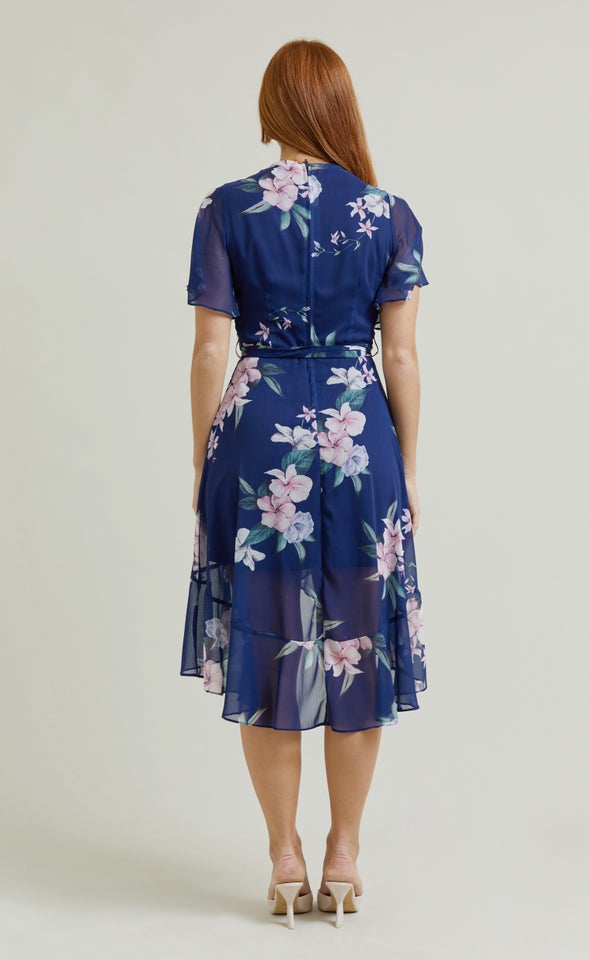 Chiffon Flutter Wrap Midi Dress Navy/floral