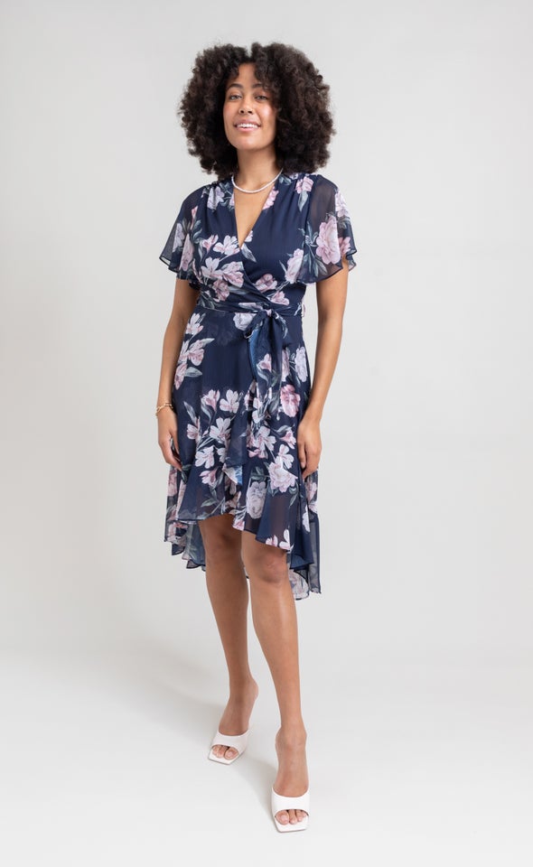 Chiffon Flutter Wrap Midi Dress Navy/floral