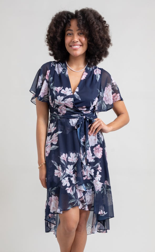 Chiffon Flutter Wrap Midi Dress Navy/floral