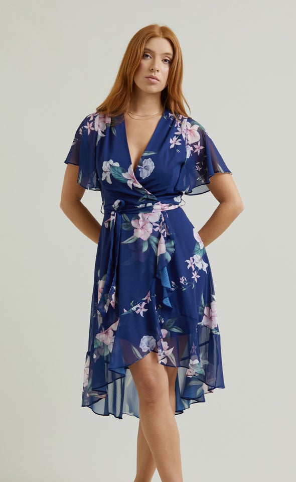 Chiffon Flutter Wrap Midi Dress Navy/floral