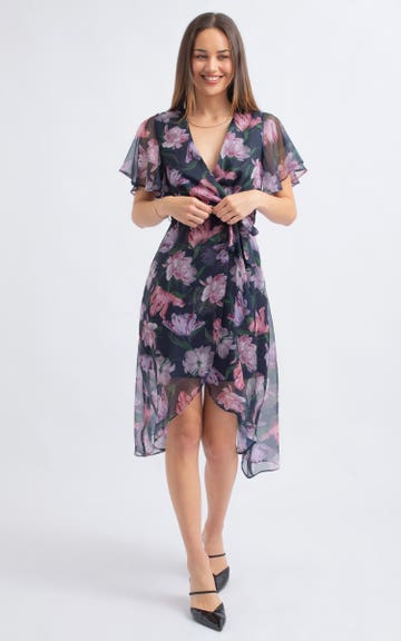 Shop our Chiffon Flutter Wrap Midi Dress in Navy/floral | Pagani