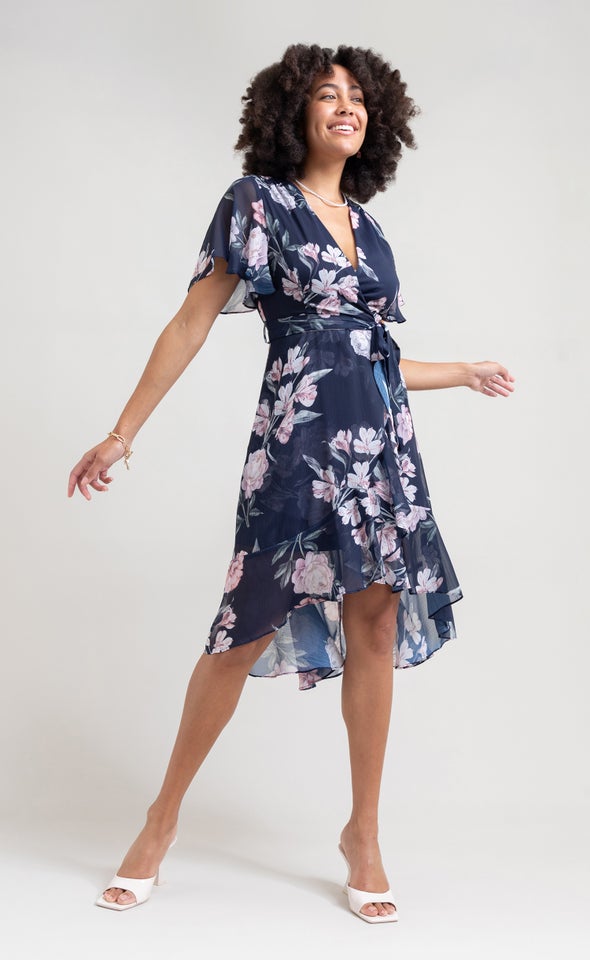 Chiffon Flutter Wrap Midi Dress Navy/floral