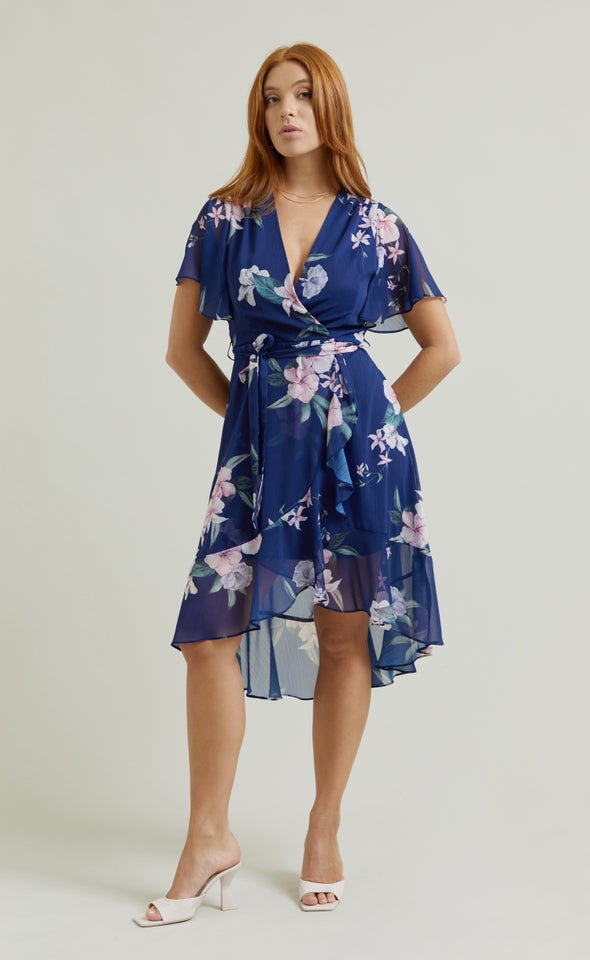 Chiffon Flutter Wrap Midi Dress Navy/floral