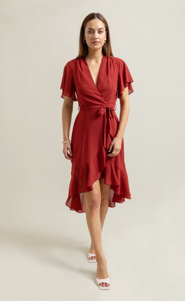 Chiffon Flutter Wrap Midi Dress Rust