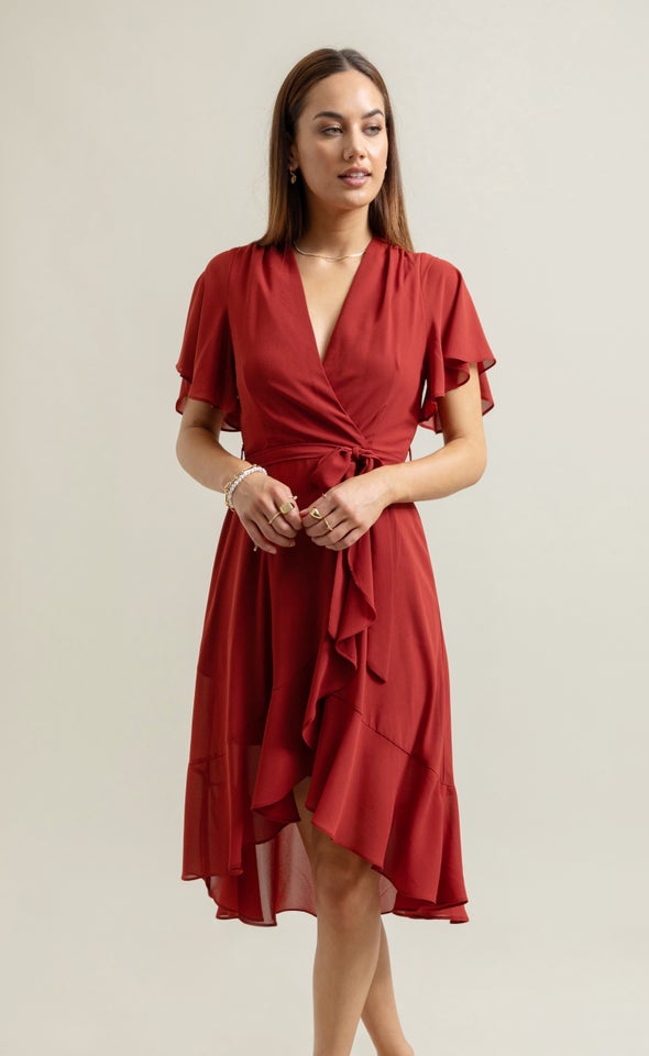 Chiffon Flutter Wrap Midi Dress Rust