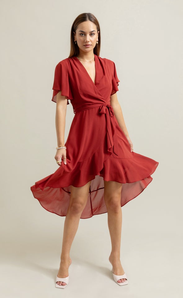 Chiffon Flutter Wrap Midi Dress Rust