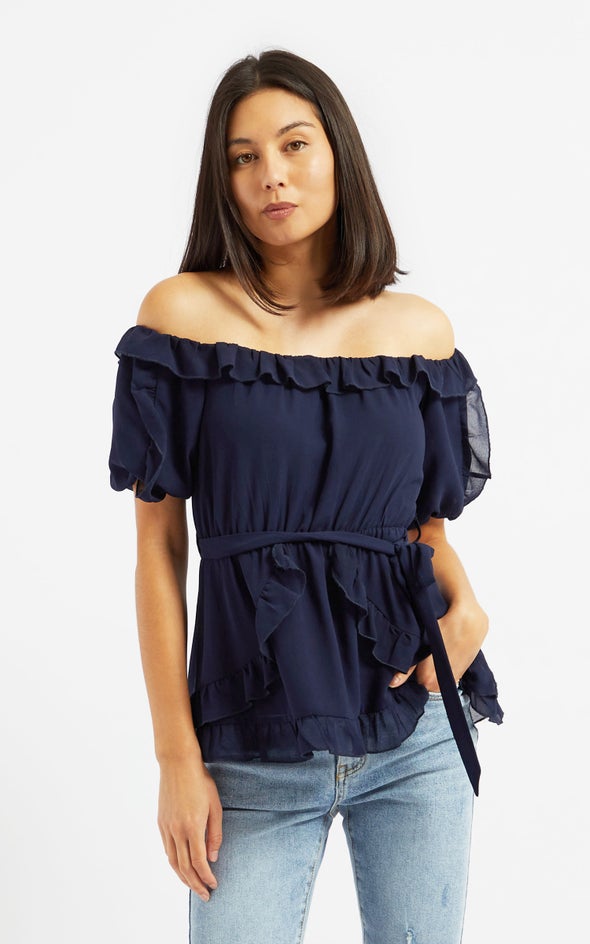 Chiffon Frilly Off Shoulder Top Navy
