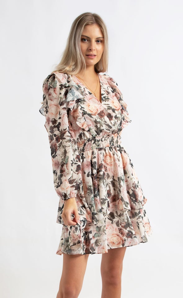 Chiffon Frilly Shirred Waist Dress Blush/floral