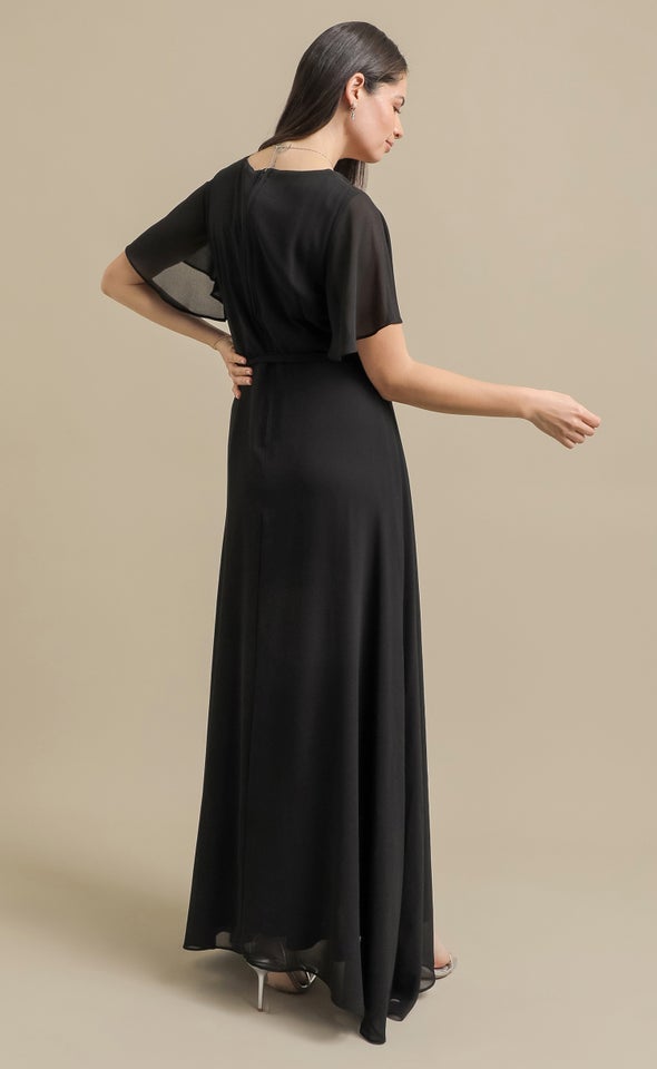 Chiffon Front Split Gown Black