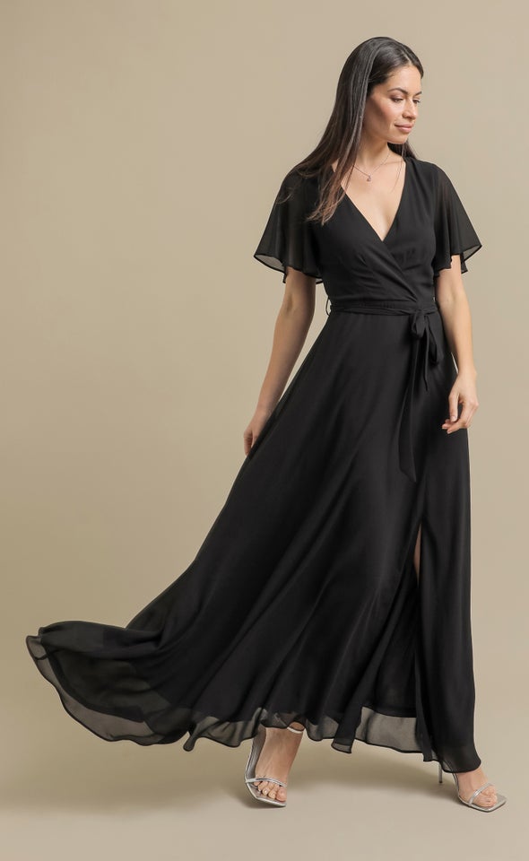 Chiffon Front Split Gown Black