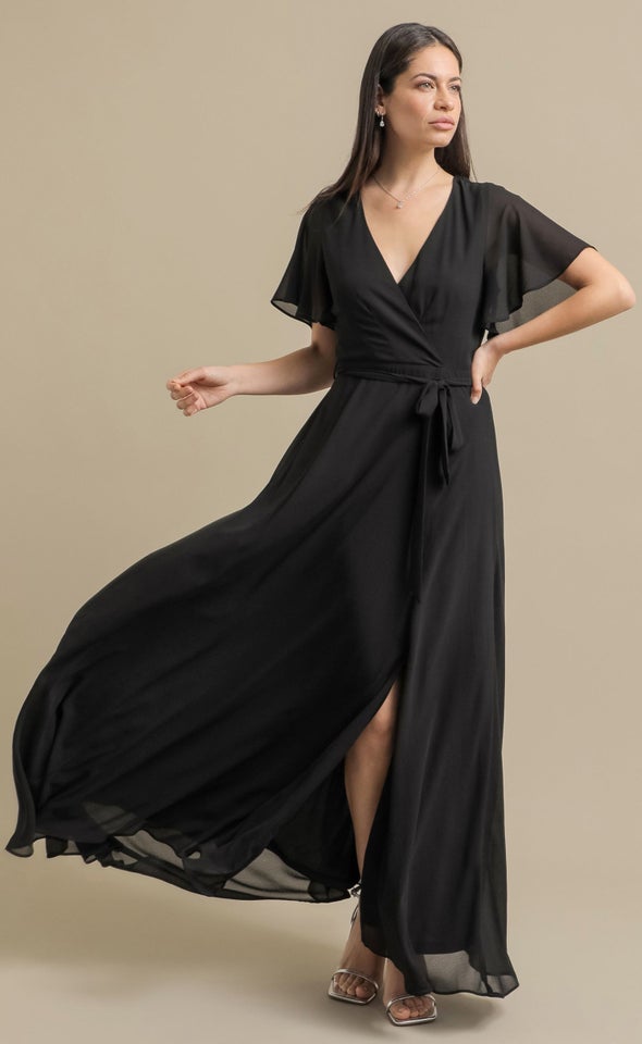 Chiffon Front Split Gown Black