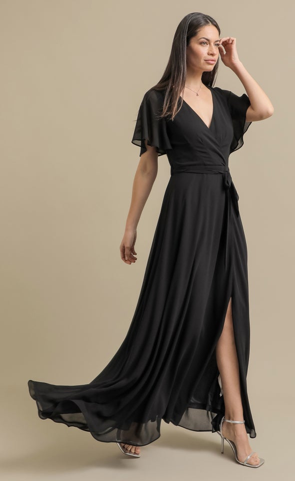 Chiffon Front Split Gown Black