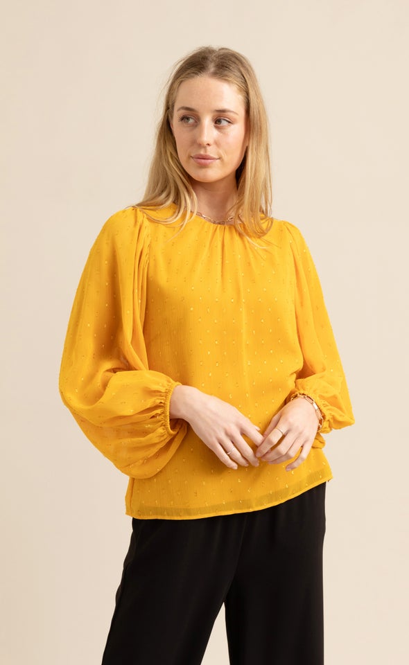 Chiffon Gather Detail LS Top Ochre