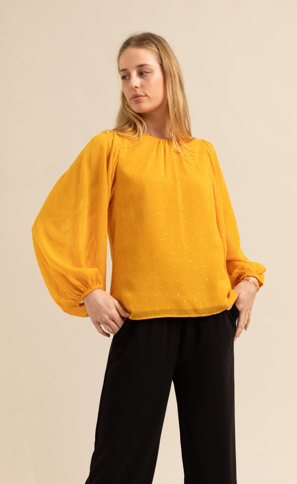 Chiffon Gather Detail LS Top Ochre