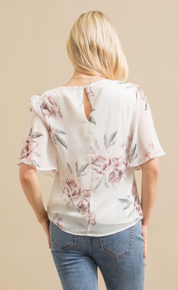 Chiffon Gathered Flutter Top Cream/blush