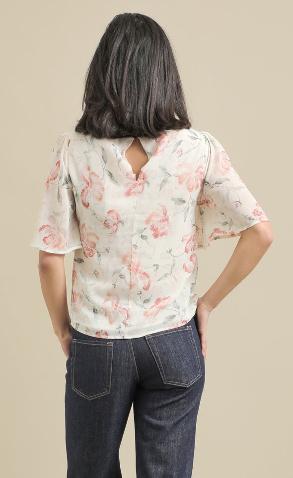 Chiffon Gathered Flutter Top Cream/floral