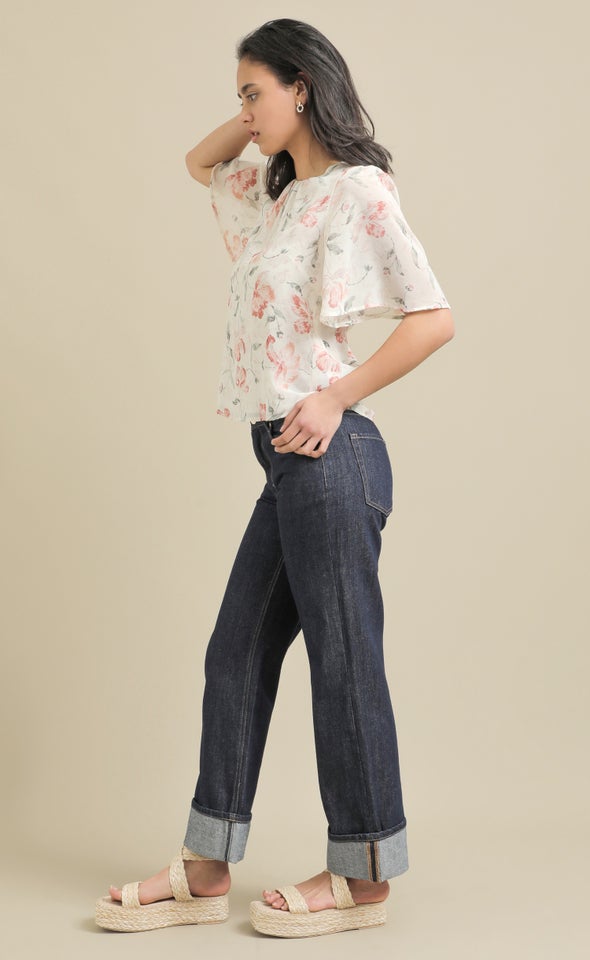 Chiffon Gathered Flutter Top Cream/floral