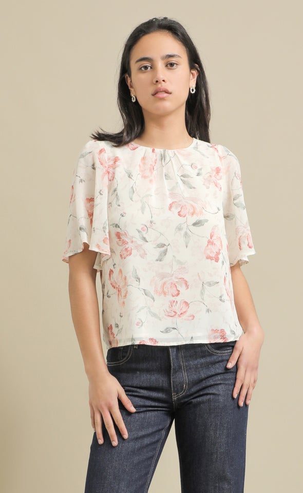 Chiffon Gathered Flutter Top Cream/floral