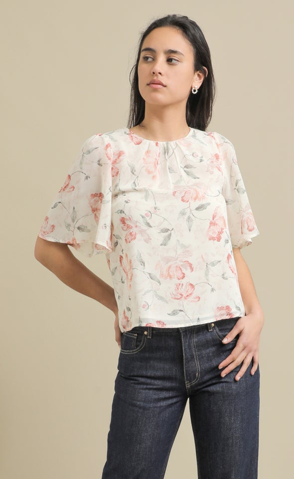 Chiffon Gathered Flutter Top Cream/floral