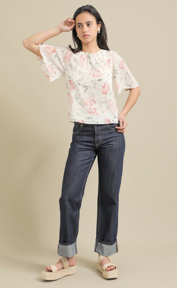 Chiffon Gathered Flutter Top Cream/floral
