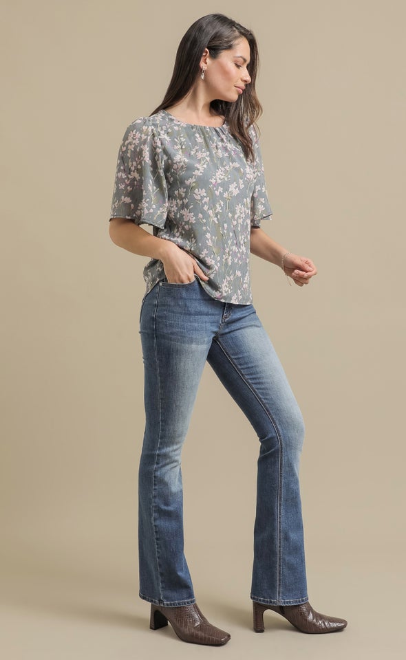 Chiffon Gathered Flutter Top Pink/green Print