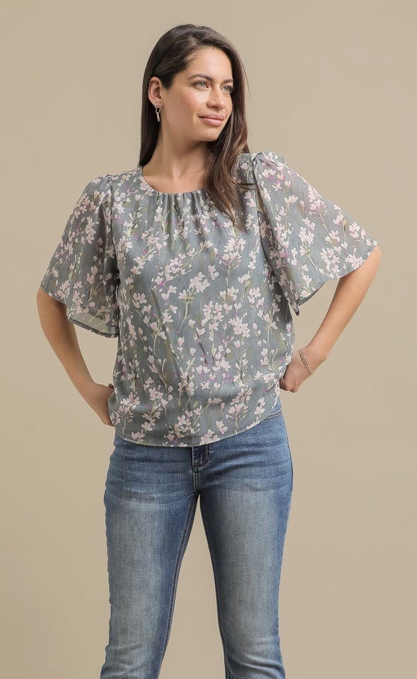 Chiffon Gathered Flutter Top Pink/green Print