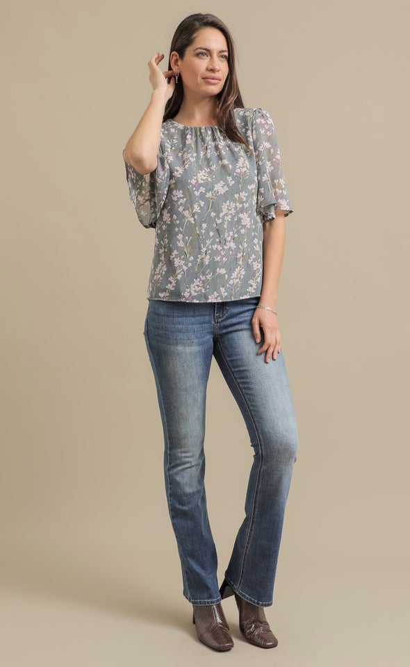 Chiffon Gathered Flutter Top Pink/green Print