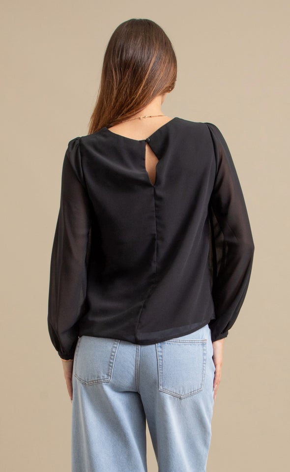 Chiffon Gathered LS Top Black