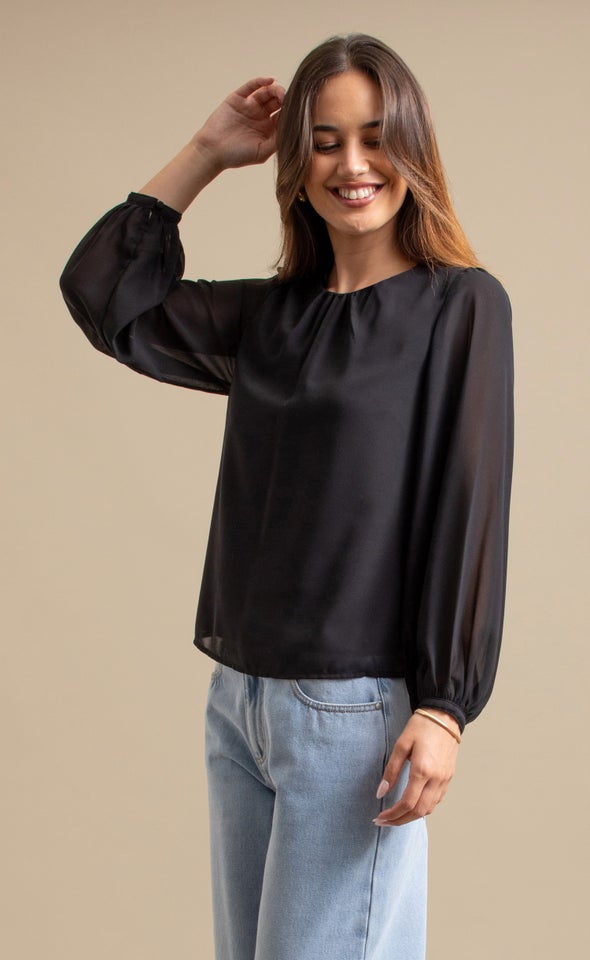Chiffon Gathered LS Top Black
