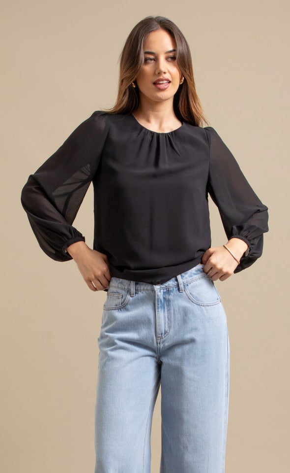 Chiffon Gathered LS Top Black