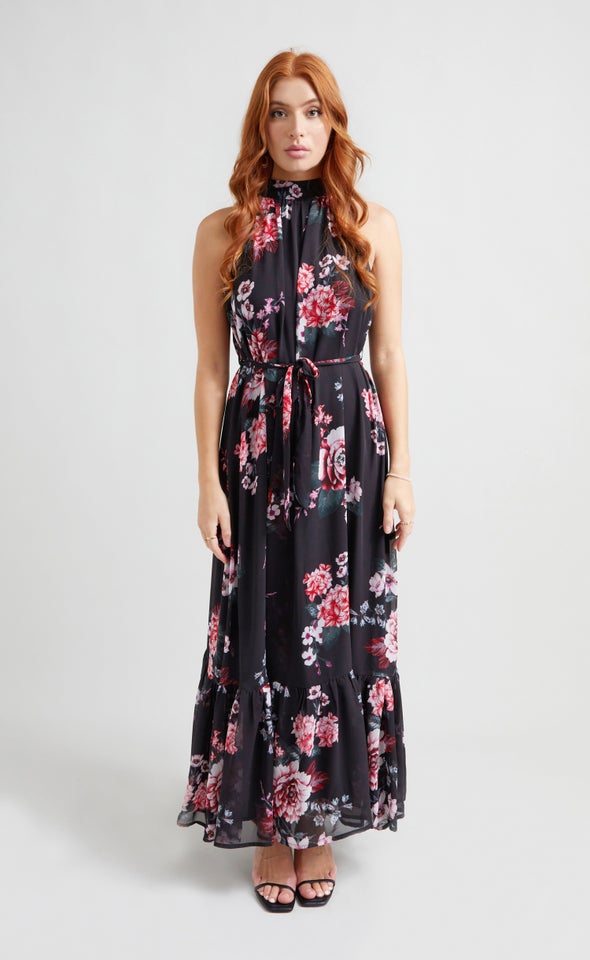 Chiffon Halter Floaty Maxi Black/floral